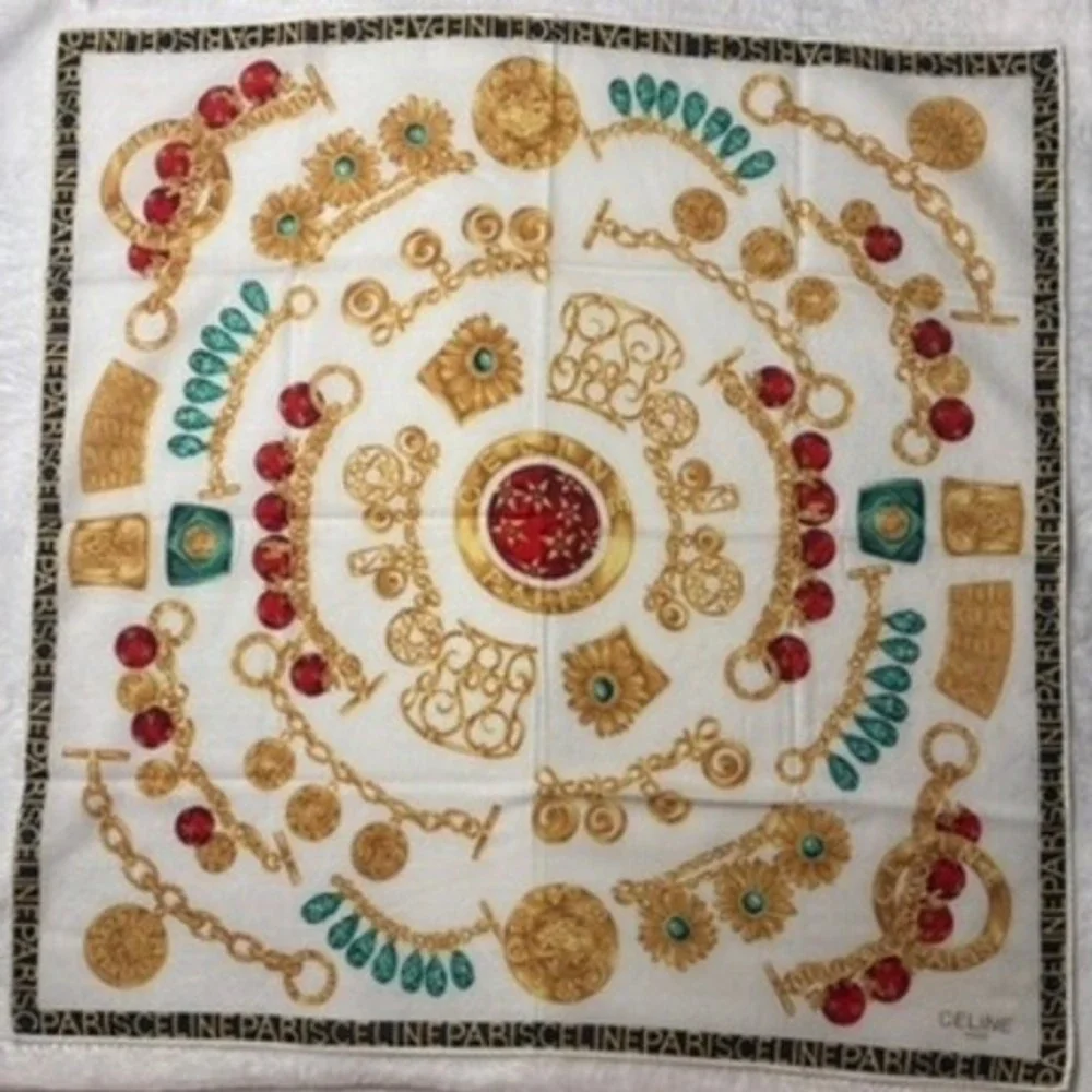 Vtg CELINE Scarf Handkerchief Jewelry Motif White Gold Red 19.5